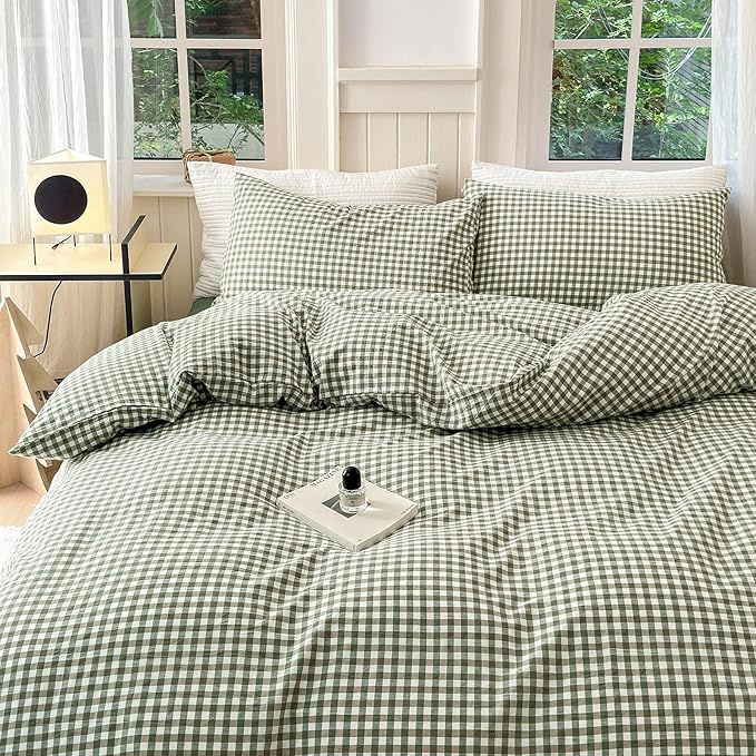 LifeTB Green Gingham Comforter Set Full Size Boho Plaid Checkered Pattern Comforter Geometric Grid Plaid Printed Bedding Comforter Set with 2 Pillowcases Fluffy Soft Gingham Bedding Set Full Size