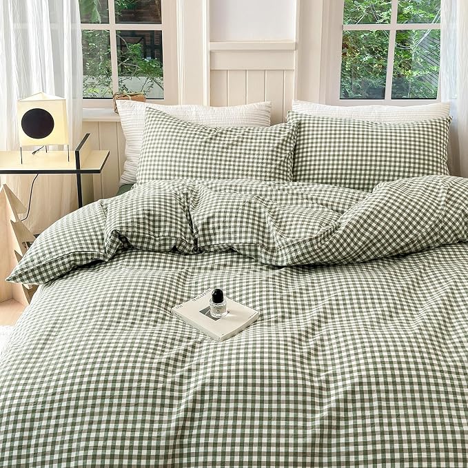 LifeTB Green Gingham Comforter Set King Modern Style Plaid Comforter Set 3 Pieces Boho Grid Comforter with 2 Pillowcases Soft Fluffy Checkered Pattern Comforter Farmhouse Gingham Bedding Set King