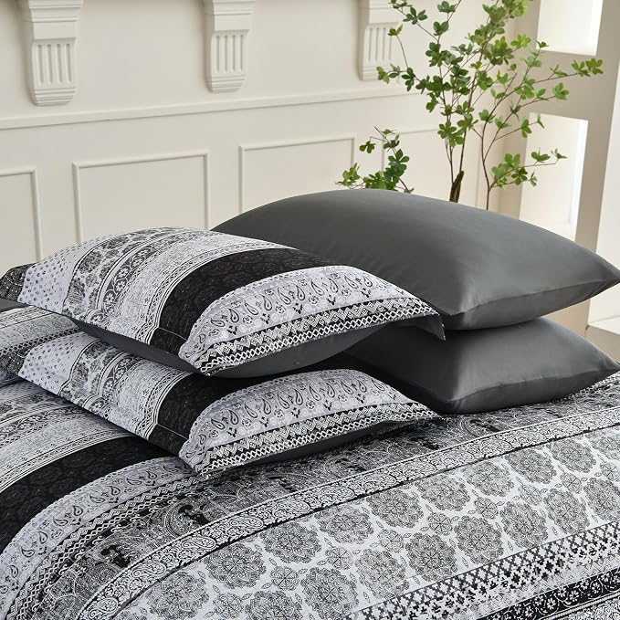Cottolester Boho King Size Comforter Set 8 Pieces,Gray Bohemian Striped Bed in a Bag,Floral Soft Microfiber Bedding Comforter Set