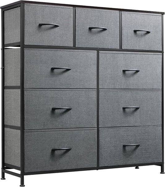 WLIVE Tall Dresser for Bedroom, 9 Drawer Chest of Drawers, Dark Grey | 9 roomy fabric drawers, Tall storage design, Bedroom or closet use, Sturdy steel frame, Smooth wood tabletop