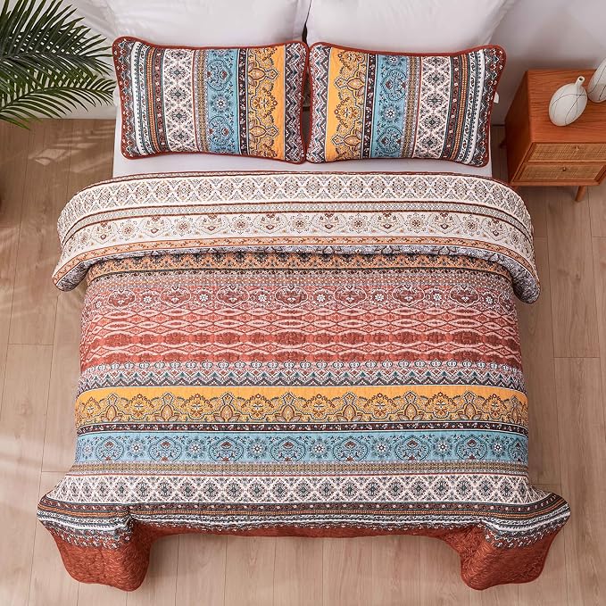 WONGS BEDDING Boho Quilt Queen Size,3 Pcs Bedspread Set, Burnt Orange | Colorful Bohemian Striped Printed Bedding for All Season, Lightweight Microfiber Coverlet Set with 2 Pillowcases(96"x90")