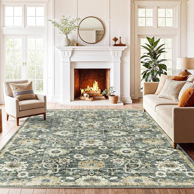 AMADA HOMEFURNISHING 6x9 Area Rugs, Blue Low-Profile Washable Rug with Non-Slip Backing & Durable Edge Binding, Vintage Rugs for Living Room, Bedroom, Dining Room