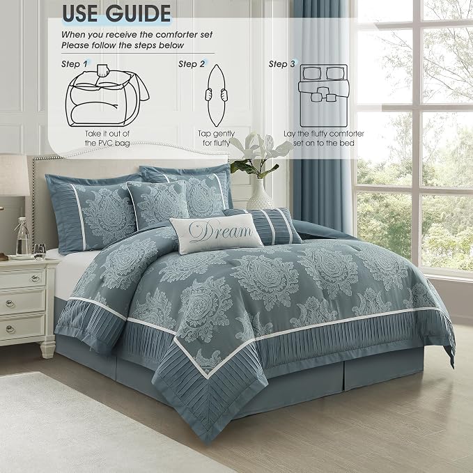 Blue King Size Comforter Set 7 Pieces, Jacquard Woven with Damask, Bedding Set in a Bag Includes Comforter, Bed Skirt, Pillow Shams, and Decorative Pillows