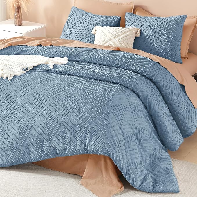 Litanika Oversized King Comforter Set, 3 Pcs Tufted Boho Bedding Set | Grayish Blue Farmhouse Shabby Chic Vintage Bohemian Textured Aesthetic Soft Fluffy Lightweight Breathable All Season Bed Set
