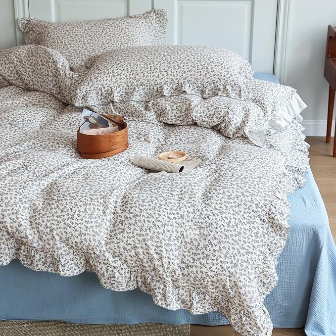 Blue Floral Print Duvet Cover Full Bed Comforter Cover 79"x90", Cotton Muslin Quilt Cover with Ruffles Chic Princess Bedding Duvet Cover with Zipper, No Pillow Cases/Filling