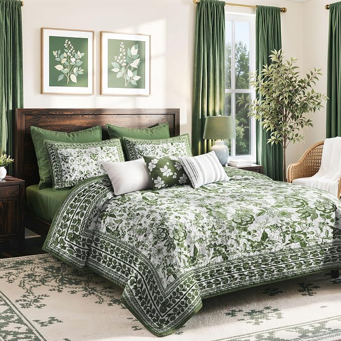 FLYMME Green Vintage Floral Quilt Set Full/Queen Size, 3-Piece Classic Reversible Bedspread Coverlet with 2 Pillow Shams, Lightweight Botanical Bedding Set for All Season