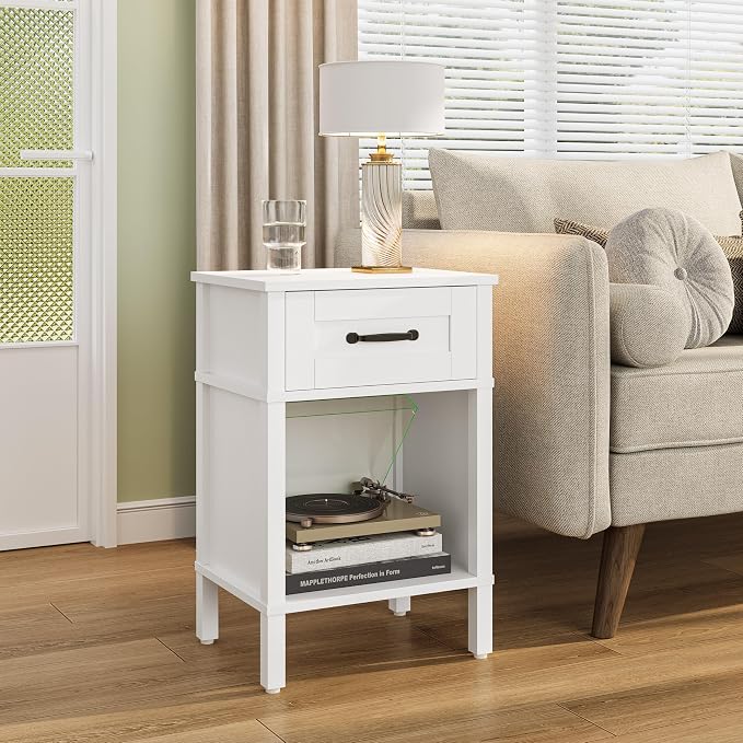 White Farmhouse Nightstand with Drawer, Small Wooden Bedside Table, White Marden End Table, Bedroom Side Table with Storage, Wooden Night Stand LET512WW