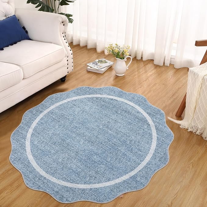 GarveeHome Scalloped Round Rugs 6Ft Washable Area Rug for Playroom, Blue | Kids Non-Slip Neutral Classic Circle Rug Modern Large Carpet Soft Boys Rug for Classroom Dorm Bedroom