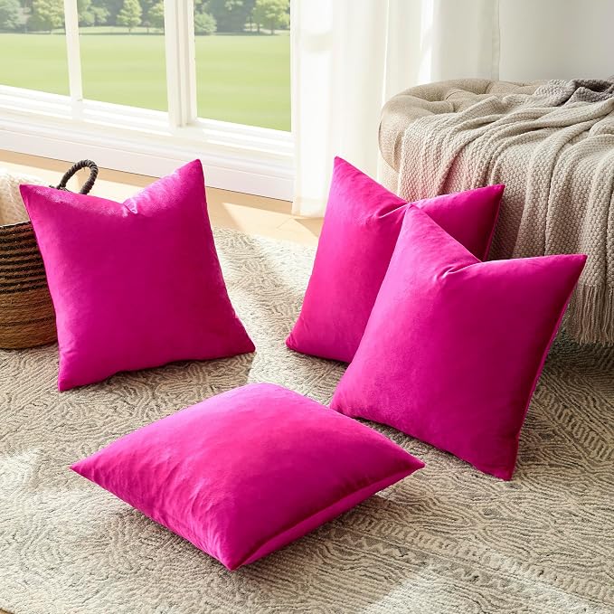 GIGIZAZA Pack of 4 Decorative Velvet Pillow Covers 20x20 Hot Pink | Throw Pillows for Couch Sofa,280gsm Soft Textured Fabric,Modern Accent Pillowcases,Luxury Living Room Cushion Covers