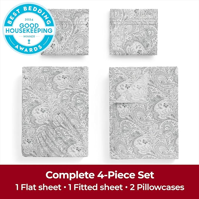 Mellanni Iconic 4-Piece, Ultra Soft Sheet Set (Cal King, Paisley Gray) | 10M+ Sleepers. Lab-tested: Sleeps Cool, Stays Bright, Strong, Smooth. Good Housekeeping Best Bedding, 7 yrs running.