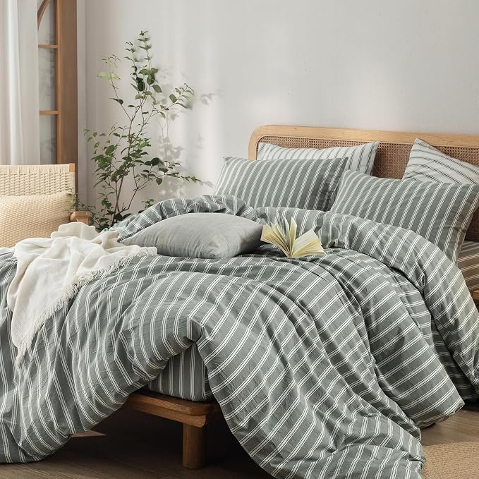 BESTOUCH Striped Cotton Duvet Cover Set Linen Feel Alaska King | 100% Washed Cotton, Soft Wrinkle Texture, Hidden Zipper, 8 Ties, Breathable Lightweight Durable Comfy, 3 Pcs No Insert