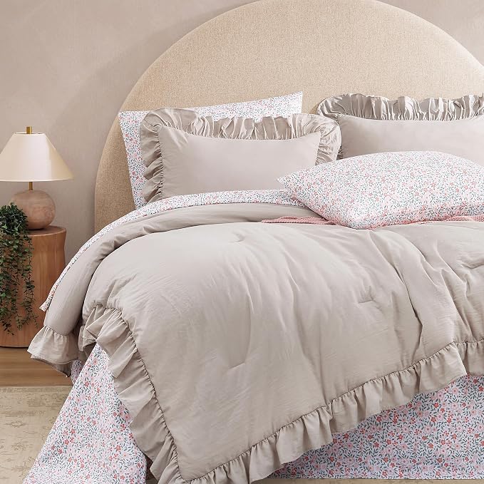 Twin XL Comforter Set-5 Pieces Ruffle Bedding Floral Sheet | Brich Bed in a Bag, Soft Lightweight All Season Farmhouse Twin XL Bedding Set with Floral Sheets, Pillowcases & Shams