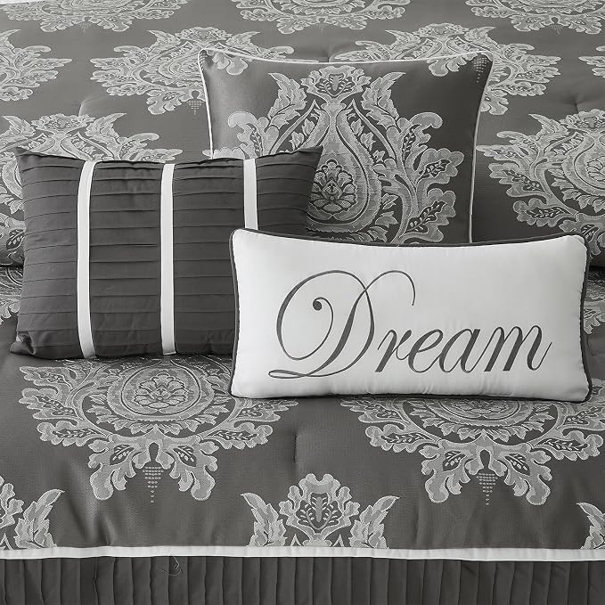 Grey California King Comforter Set, 15 Pieces, Damask Jacquard Woven, Bedding Set with Sheets, Room in a Bag, Comforter, Bed Skirt, Pillow Shams and Decor Pillows, Curtains