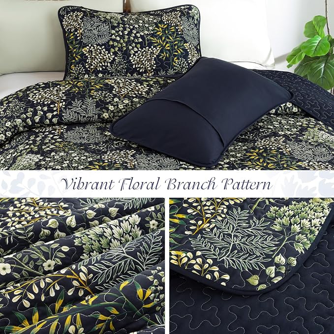 WONGS BEDDING Floral Quilt Set King, 3 Pcs Navy Blue Bedspread Coverlet | Botanical Print Quilt Set for Spring Summer, Lightweight Microfiber Farmhouse Quilted Bed Cover for Guest Room 110"×90"