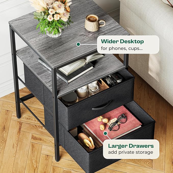 Huuger Night Stand with Charger Station, 27.7 Inch Tall Nightstand | Bed Side Table with 2 Fabric Drawers, Side Table for Bedroom, End Table for Living Room, Couch, Grey