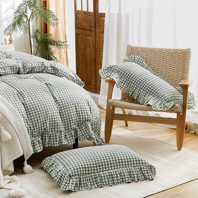 ATsense Green Gingham Ruffle Duvet Cover Set Cotton Like Linen, Queen | 100% Washed Cotton Linen-Like Feel Soft, Breathable & Comfy. Farmhouse Bedding Set with Zipper & 8 Ties. 3 Pcs, No Insert