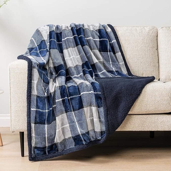 PAVILIA Twin Plaid Sherpa Throw Blanket for Couch Sofa Bed, Navy, 60x80 | GSM 460; Soft Plush Flannel Fleece; Warm&Cozy for Home; Machine Washable, Perfect Cabin Decor Winter Holiday Christmas Gift