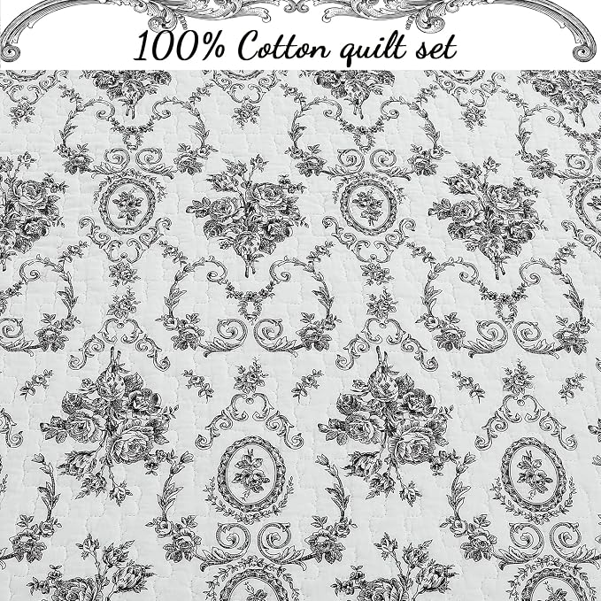 Cozy Line Home Fashions French Medallion Black White Grey Rose Flower Pattern Printed 100% Cotton Bedding Quilt Set Reversible Coverlet Bedspread (Black White, King - 3 Piece)
