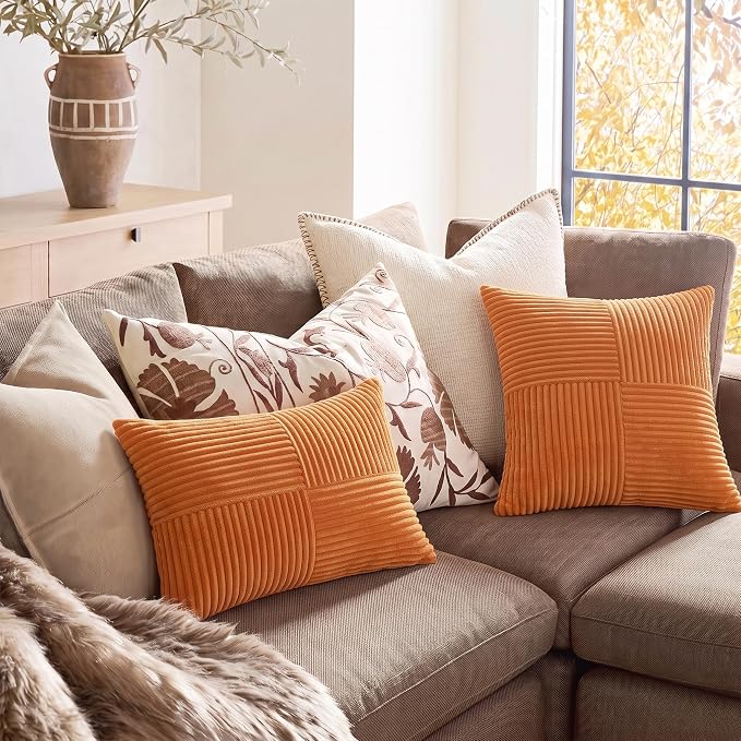 Fancy Homi 2 Packs Orange Lumbar Decorative Throw Pillow Covers 16x32 Inch for Living Room Couch Bed Sofa, Farmhouse Boho Home Decor, Soft Striped Corduroy Rectangle Accent Cushion Case 40x80 cm