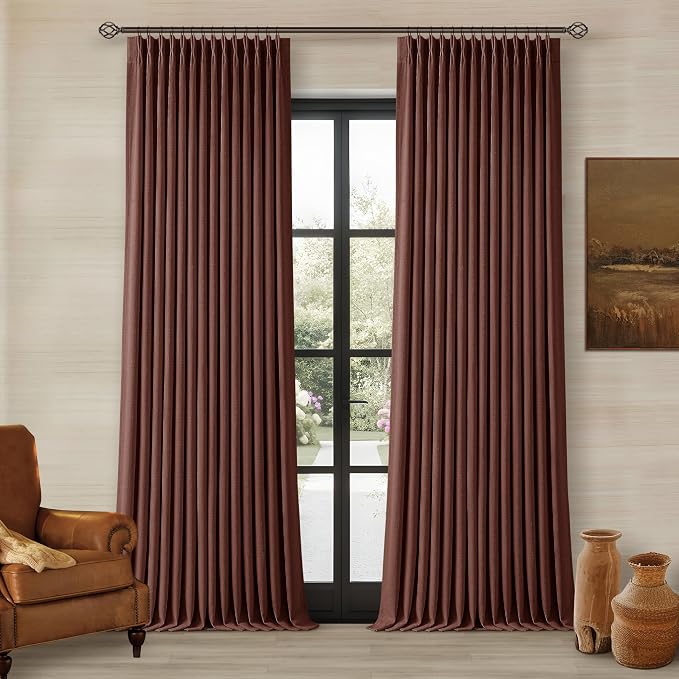 TWODRAPES Chestnut Brown 96 Inch Blackout Pinch Pleated Curtains 2 Panels | Thick Linen Textured, 100% Black Out Drapes 96 Inches Long, Pinch Pleat, Light Blocking, for Living Room Bedroom Rust Maroon