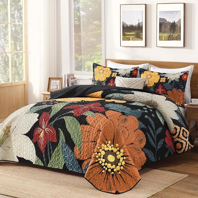 Quilt King Size, Black Floral Boho Summer Bedspread 3 Pieces | Navy Flower Botanical Summer Bedspreads with 2 Shams, Reversible Polyester Coverlet Set for All Seasons, 106"x96"