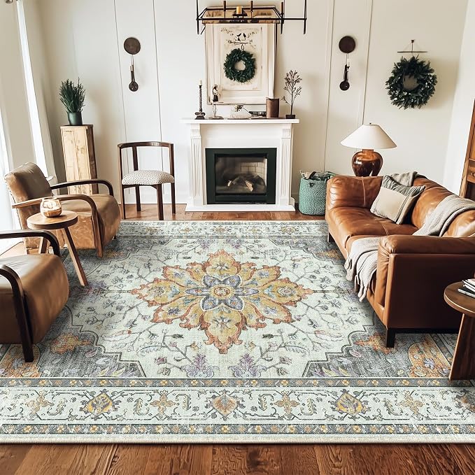 RELEANY Washable Area Rug, 5'x7', Beige/Carbon Grey/Orange | Non-Slip, Water Repellent, Pet Friendly, Easy to Clean, Vintage Floral Boho Decor for Living Room Bedroom Dining Room Office