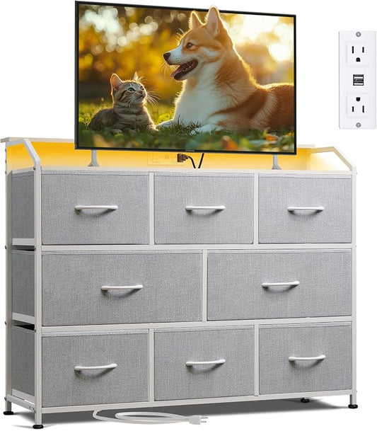 WLIVE Dresser for Bedroom, 8 Drawer LED Dresser with Outlet, Light Grey | 8 roomy fabric drawers, LED ambient lighting, Built-in power outlet, Bedroom or living room, Chest of drawers