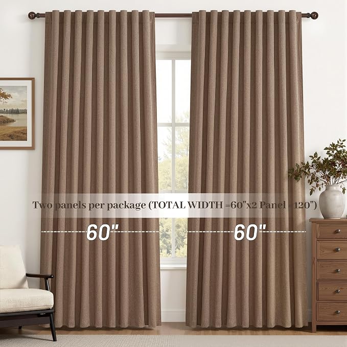 Rust Brown Blackout Curtains 60 Inches Extra Wide Linen 92 Inch Length for Living Room,Pleated Farmhouse Bedroom Chocolate Thermal Drapes for Winter Thick Large Window Energy (60"W x 92"L 2 Panels)