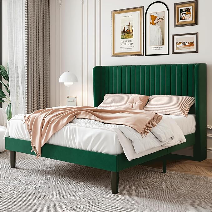 SHA CERLIN Queen Size Velvet Bed Frame, Tufted Wingback Headboard, Green | 47'' Modern Vertical Channel Headboard, Upholstered Platform Bed, Wood Slats, No Box Spring Needed, Easy Assembly, Noise Free