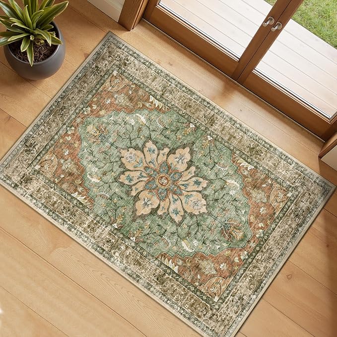 RELEANY Washable Area Rug, Small 2'x3', Brick/Brown/Green | Non-Slip, Water Repellent, Pet Friendly, Easy to Clean, Vintage Floral Boho Decor for Kitchen Entryway Bathroom