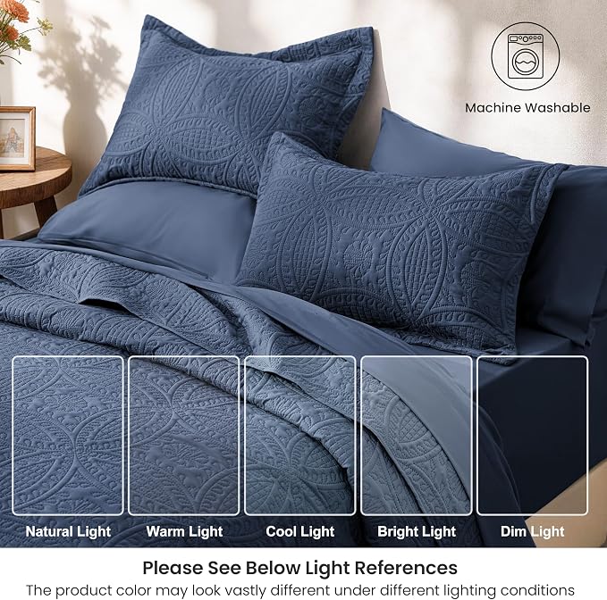 Love's cabin King Quilt Set Navy, Bed in a Bag King Size Bedding 7 Pieces, Ultrasonic Embossed Coin Pattern Comforter, Lightweight Bedspreads for All Seasons Quilt with Sheets, Pillowcases & Shams