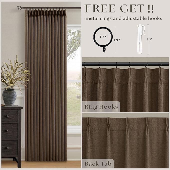 Pleated Blackout Brown Linen Blend Window Curtains 96 Inches Long 2 Panels | Memory Shaped Drapes with Liner, for Bedroom Living Room, Room Darkening 100% Black Out, Back Tab Pinch Pleat, Dutch Cocoa
