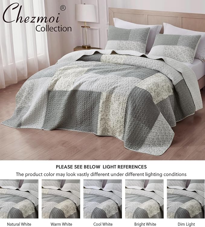 Chezmoi Collection Cooper 3-Piece Muted Gray White Ivory Floral Plaid Patchwork Quilt Set - Pre-Washed Cotton Quilted Lightweight Reversible Bedspread for All Seasons, Queen Size