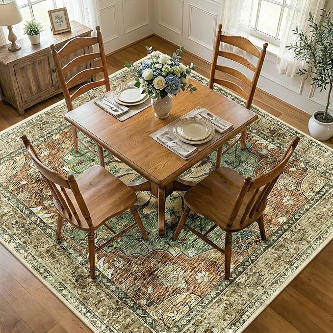 RELEANY Washable Area Rug, Square 8'x8', Brick/Brown/Green | Non-Slip, Water Repellent, Pet Friendly, Easy to Clean, Vintage Floral Boho Decor for Living Room Bedroom Dining Room Office