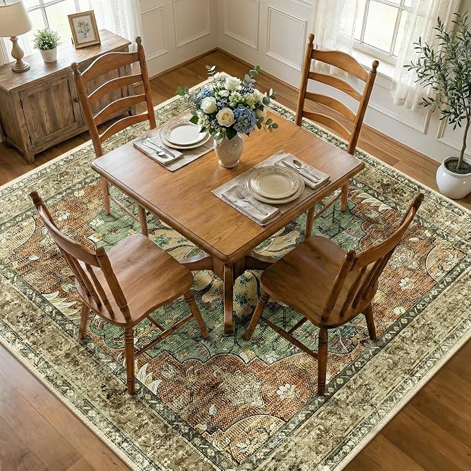 RELEANY Washable Area Rug, Square 7'x7', Brick/Brown/Green | Non-Slip, Water Repellent, Pet Friendly, Easy to Clean, Vintage Floral Boho Decor for Living Room Bedroom Dining Room Office