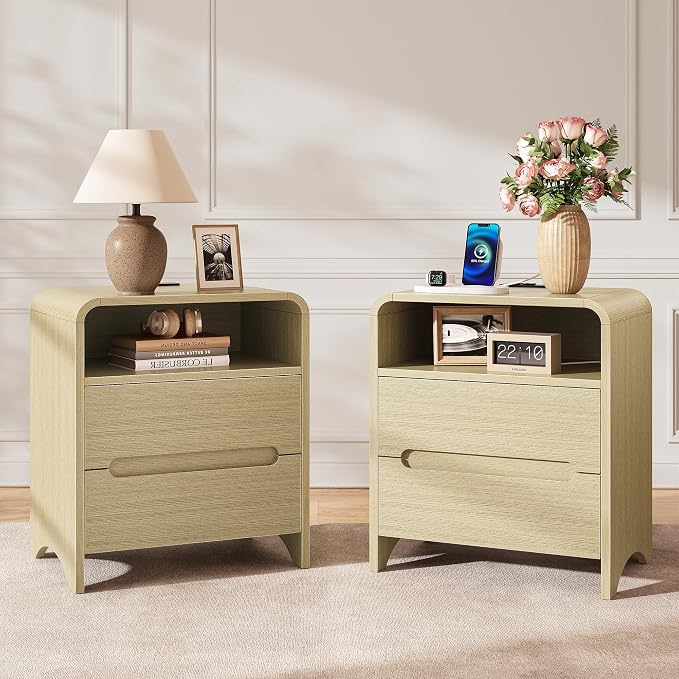 Decofy Nightstand Set of 2 with Charging Station & 2 Drawers, Light Oak | Mid Century Modern Curved Nightstands with Built-in Charging Station, Storage Space and 2 Hidden Handle Drawers