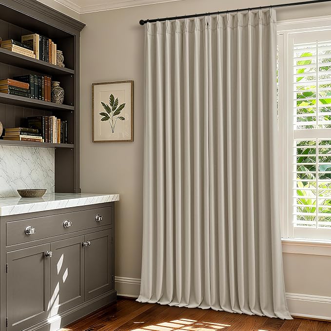 Oatmeal 102 Inch Blackout Linen Pleated Curtains for Bedroom Living Room | 100% Black Out, Thermal Insulated Energy Efficient Window Drapes, Double Layer Oatmeal Beige Curtains, Pinch Pleat 2 Panels