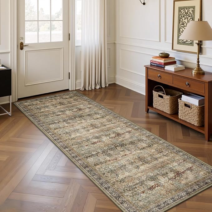 2x6 Hallway Runner Rug, Washable Vintage Retro Long Runner Rugs for Kitchen Laundry, Soft Ultra Thin Non Slip Low Pile Traditional Distressed Boho Carpet for Bedroom Bathroom, Charcoal Olive