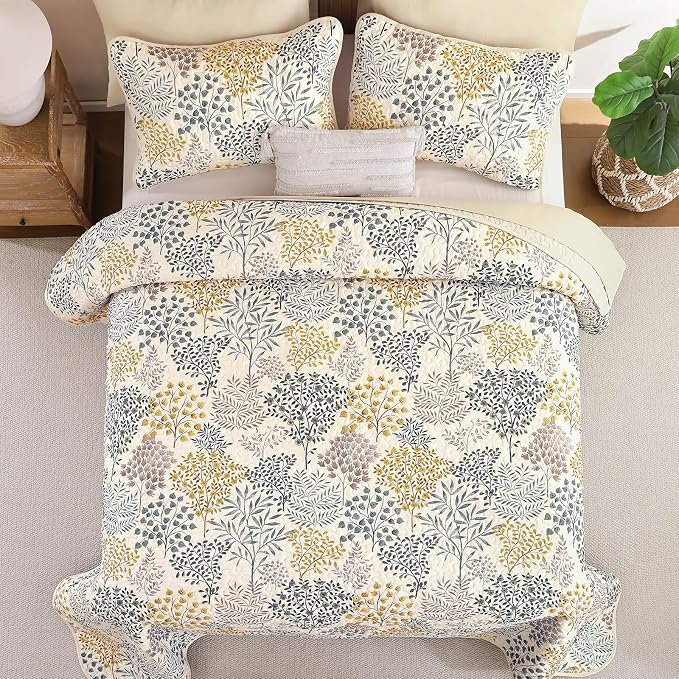 WONGS BEDDINGKing Quilt Set, 3 Pcs Yellow Green Floral Bedspread Coverlet | Botanical Print Quilt Set for Spring Summer, Lightweight Microfiber Farmhouse Quilted Bed Cover for Guest Room 110"×90"
