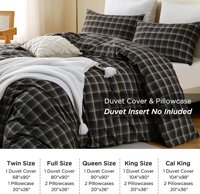 TOCOMOA Buffalo Plaid Duvet Cover Set 100% Washed Cotton Like Linen, Queen | Linen-Like Feel Soft, Breathable & Comfy for All Season. Brown Blue Bedding Set with Zipper & 8 Ties. 3 Pcs, No Insert