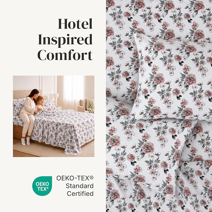 Modern Threads Printed 4-Piece Extra Soft Bedding Sheets & Pillowcase Set, Deep Pocket up to 16 inch Mattress Rose Bloom Cal King