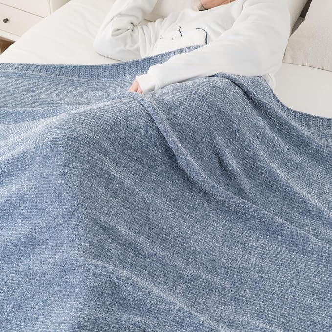 BATTILO HOME Blue Grey Chenille Throw Blanket for Couch, 51"x67" | Shiny Chenille Blanket, Blue Knit throw Blanket, Soft & Breathable, Summer Throw for Couch, Bed & Sofa