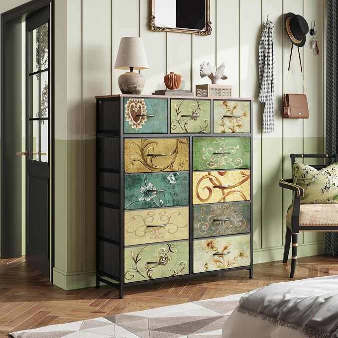 WLIVE Tall Dresser for Bedroom, 11 Drawer Chest of Drawers, Floral | 11 fabric storage drawers, Tall high-capacity design, Bedroom or dorm use, Sturdy steel frame, Smooth wood tabletop