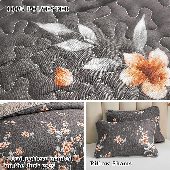 Flysheep 3 Pieces Quilt Set King Size, Dark Gray Floral Reversible Bedspread Coverlet Set, Soft Microfiber Lightweight Bed Cover for All Season (102" x 90", 1 Quilt+ 2 Pillow Shams)