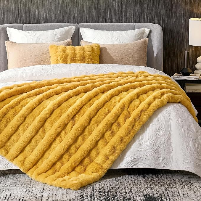 Cozy Bliss Faux Fur Throw Blanket for Couch, Fuzzy Soft Plush Thick Bubble Blanket for Sofa Bedroom Living Room, 60 * 80 Inches Yellow