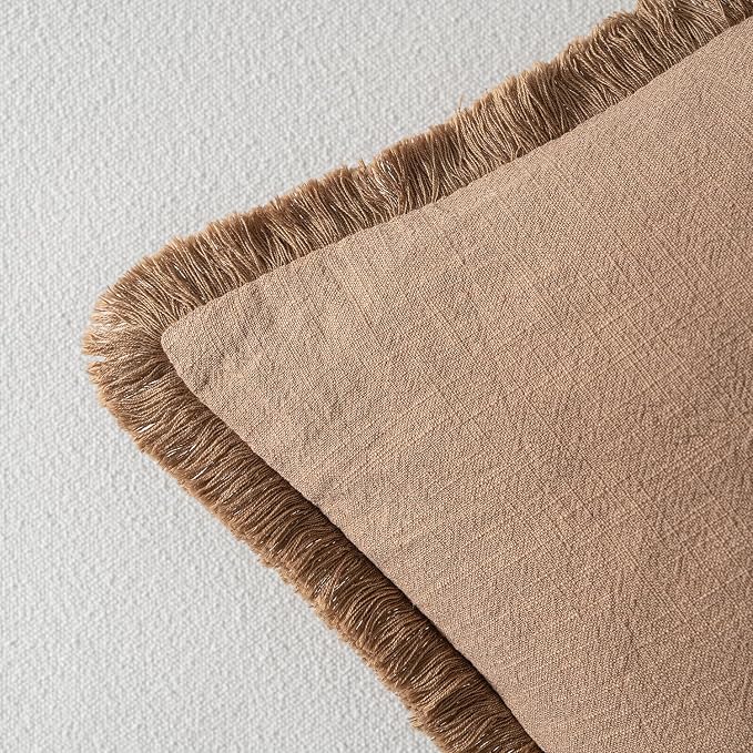 MIULEE Linen Fringe Decorative Fall Lumbar Throw Pillow Covers Brown 12x20 | Set of 2, Cottagecore Decor, Boho Farmhouse Neutral Pillow Covers, Rustic Fall Couch Cushion Cases for Sofa Bed Living Room