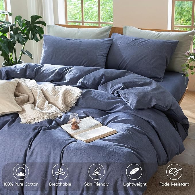 MooMee Duvet Cover Set 100% Washed Cotton Linen Like Full | Relaxed Linen-like Texture. Soft, Breathable & Long-lasting Comfort. Lightweight. Hidden Zipper with 8 Interior Corner Ties