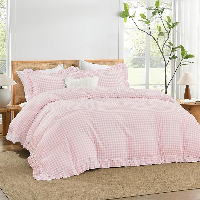 Andency Pink Gingham Duvet Cover King, Ruffle Shabby Chic Bedding Set 3 Pcs | Farmhouse Soft Pre-Washed Polyester Comforter Cover with Zipper Closure & Corner Ties, 104x90Inch