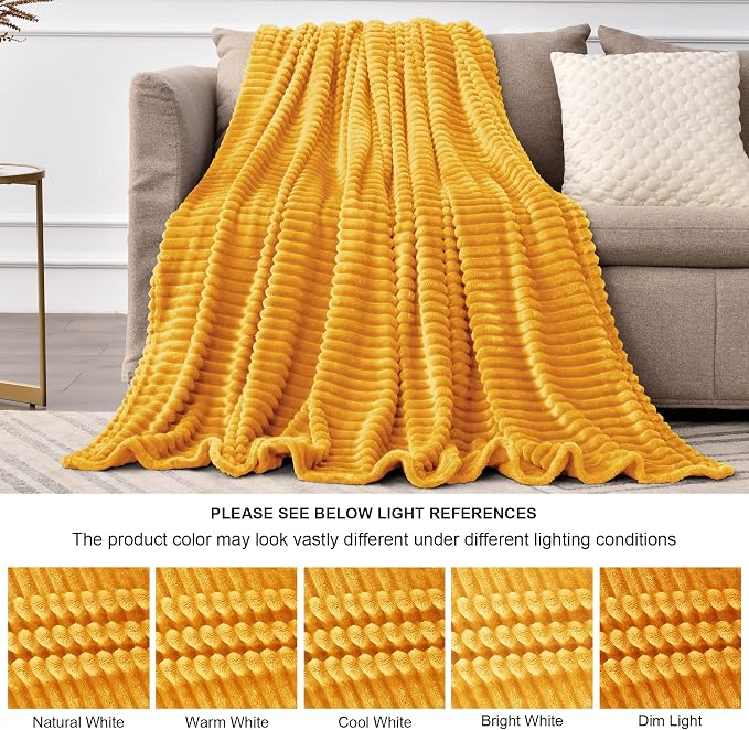 BEDELITE 3D Ribbed Mustard Yellow Fleece Twin Blanket for Couch, 60x80 Inch | Soft Warm Fluffy Blanket for Bed Sofa College Dorm Room Decor, Luxury Cozy Plush Birthday Gifts for Women Girls, Lightweight