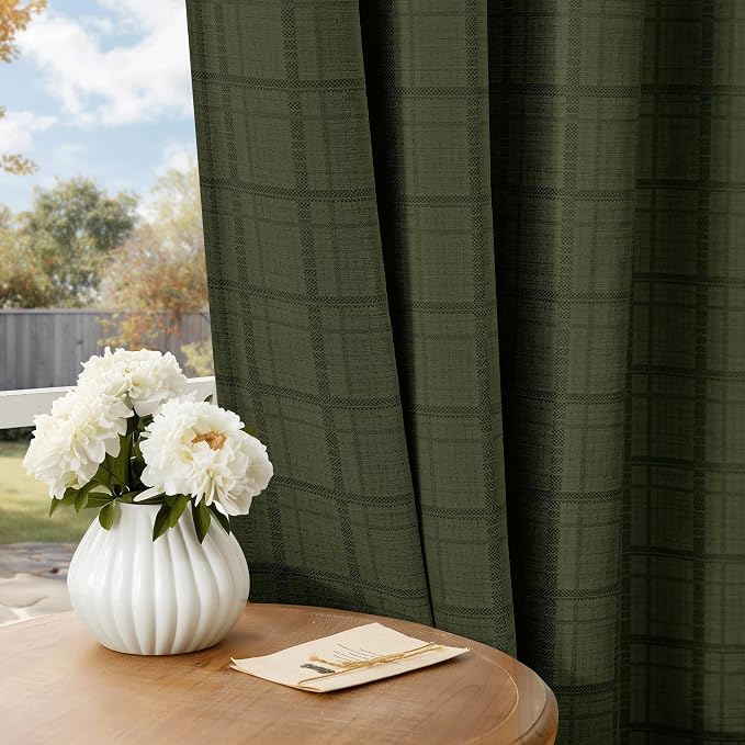 Beauoop Green Plaid Jacquard Blackout Curtains for Bedroom 52x63 2 Panels | Gingham Checkered Room Darkening Drapes for Living Room 63 Inch Long Thermal Insulated Soundproof Window treatment Grommet
